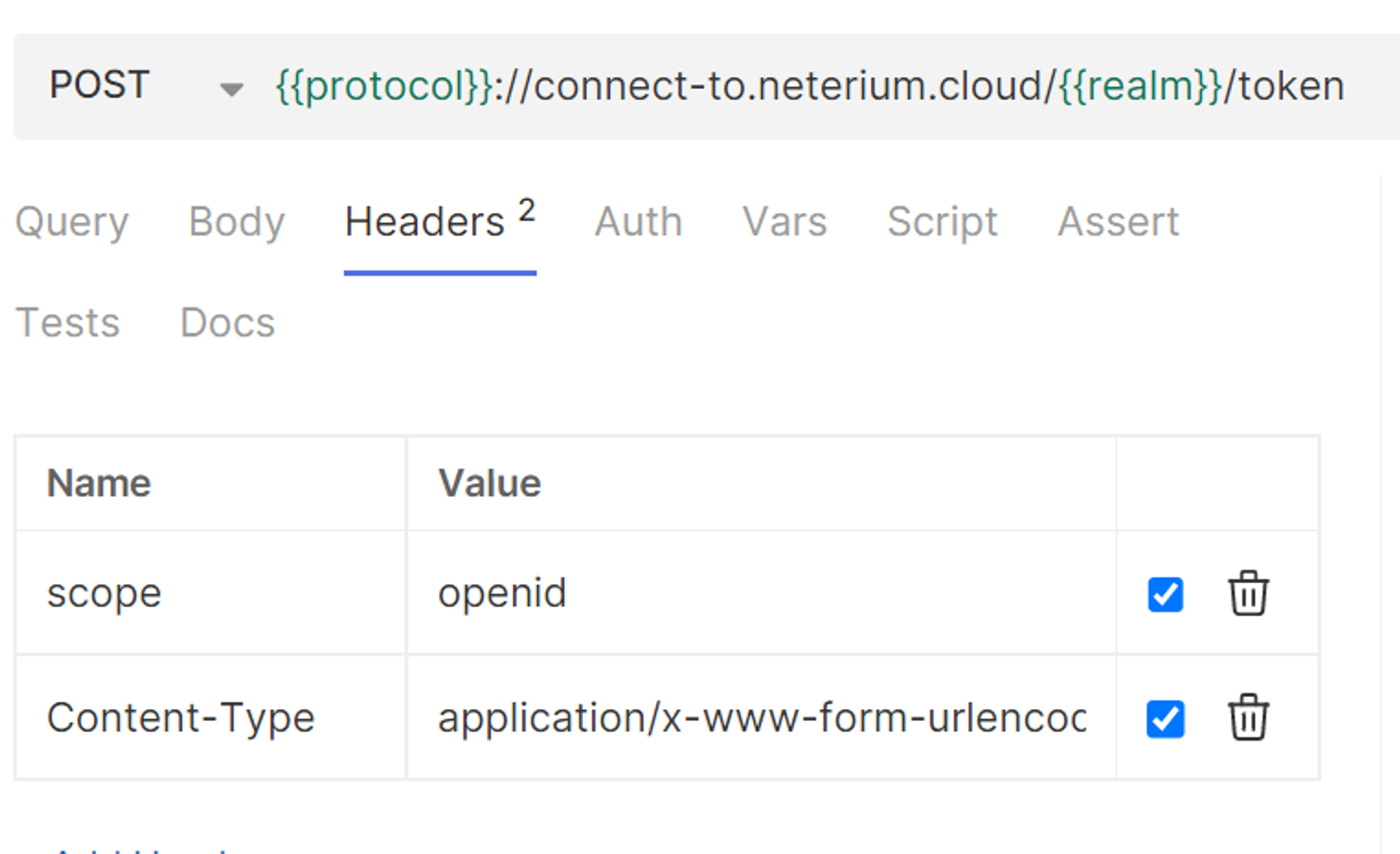 Bruno Headers tab with scope=openid and Content-Type=application/x-www-form-urlencoded