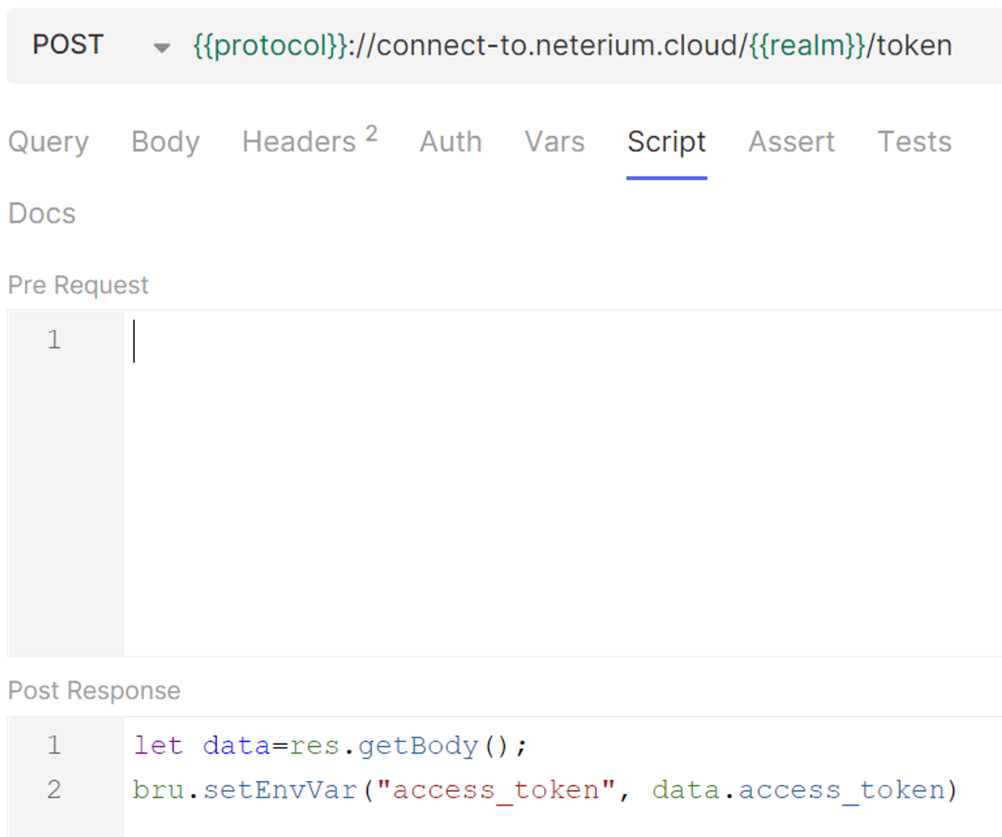 Bruno Script tab, Post Response section: let data=res.getBody(); bru.setEnvVar("access_token", data.access_token)