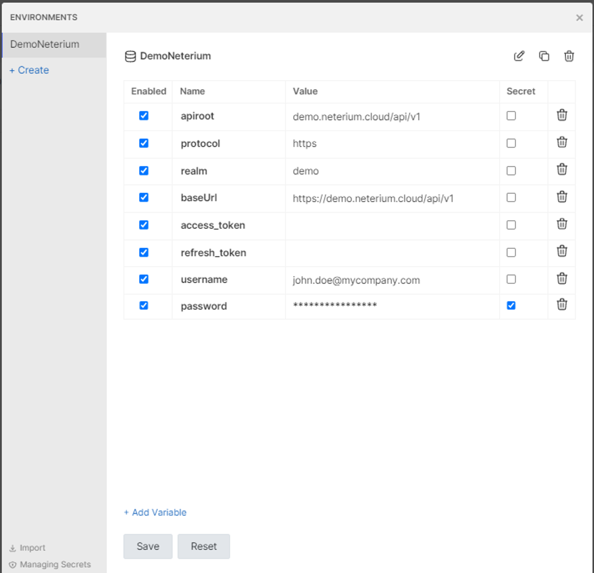 Bruno environment named DemoNeterium with the variables apiroot, protocol, realm, baseUrl, access_token, refresh_token, username and password