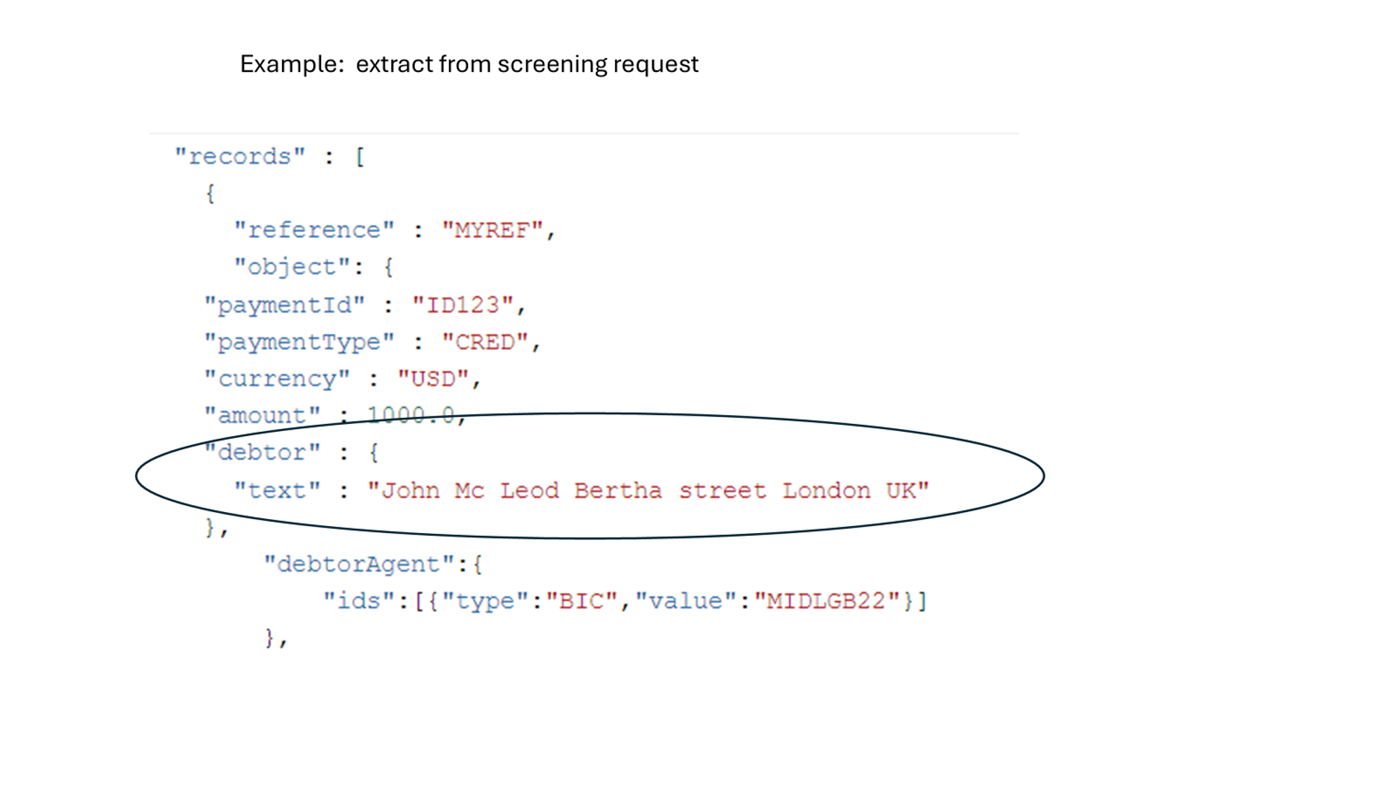 Extract from a screening request: a transaction whose debtor text is John Mc Leod Bertha street London UK