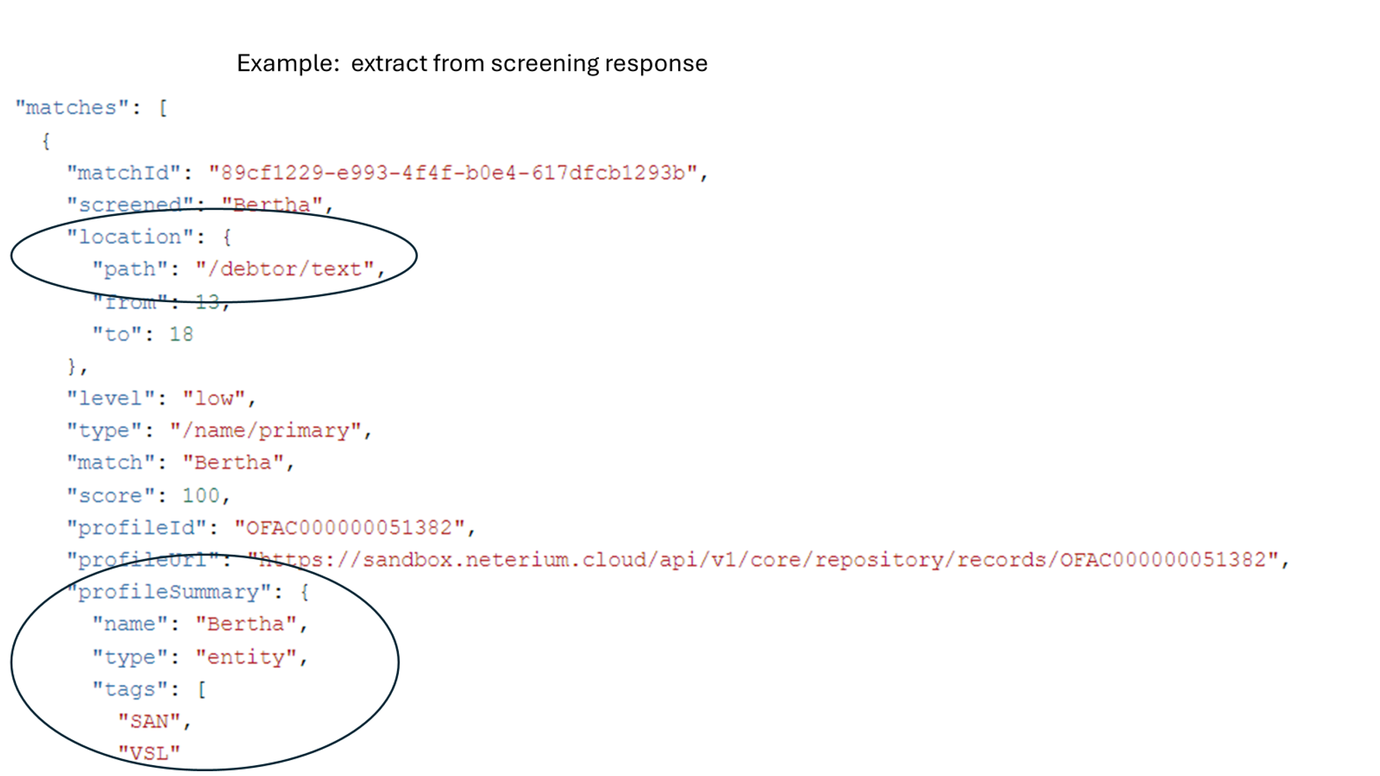 Extract from the screening response: a match on Bertha with location path /debtor/text and a profileSummary tagged SAN and VSL