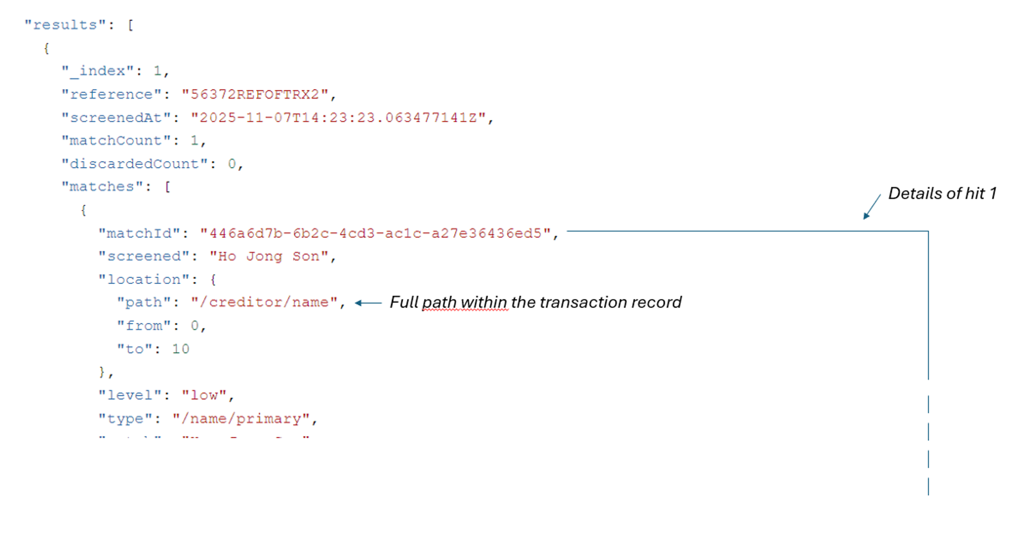 Jetflow results block: reference 56372REFOFTRX2, matchCount 1, first match screened Ho Jong Son with location path /creditor/name