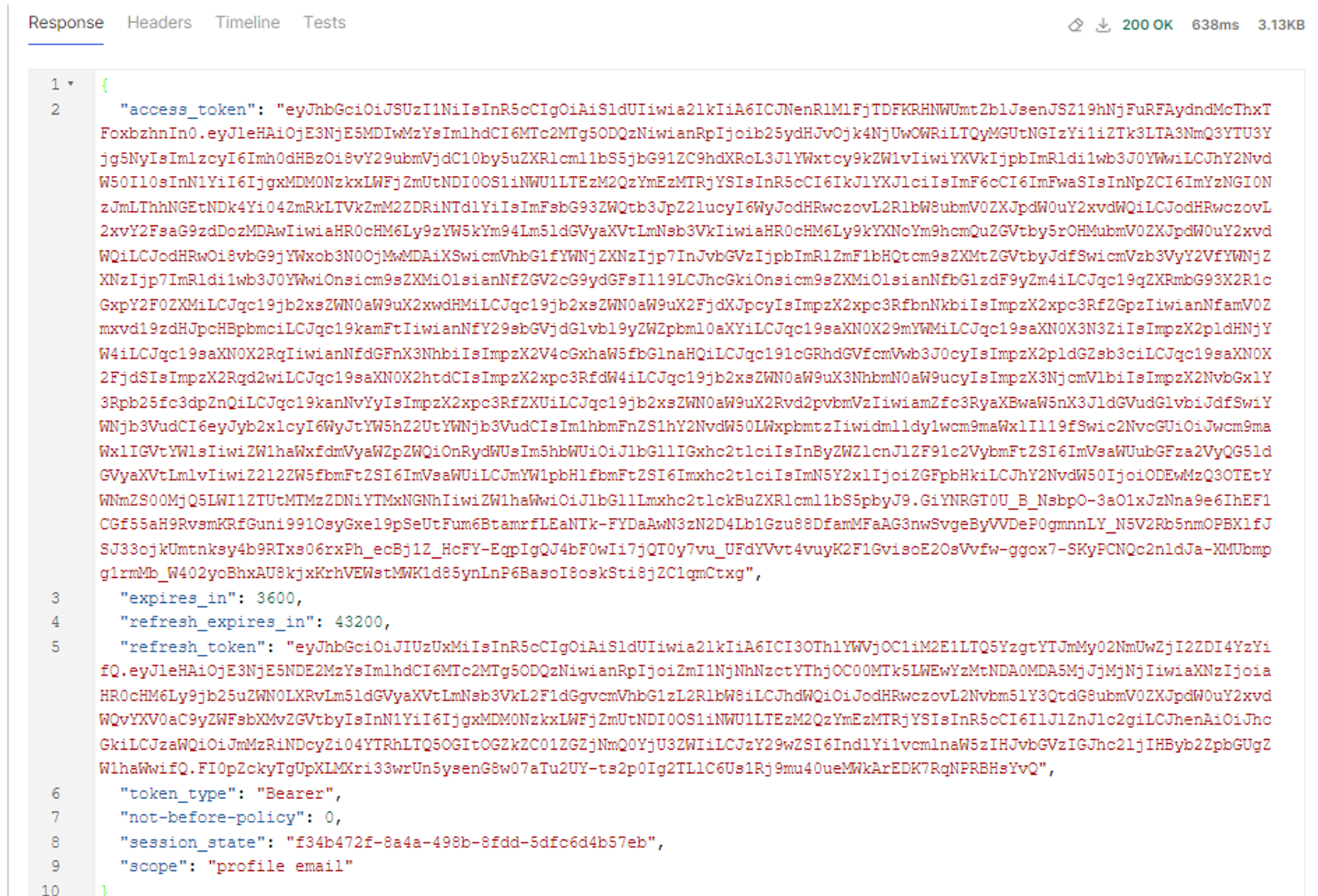 Token response in Bruno: access_token, expires_in 3600, refresh_expires_in 43200, refresh_token, token_type Bearer